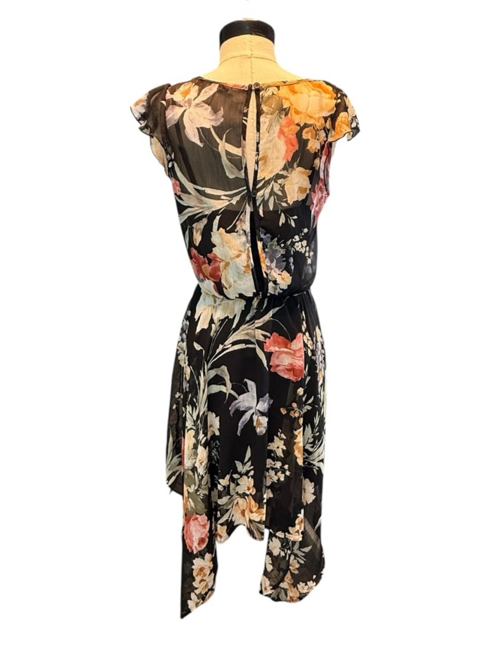 American Rag Floral Sheer Dress Boho Cottagecore Flutter Sleeve Handkerchief Hem - Picture 5 of 11